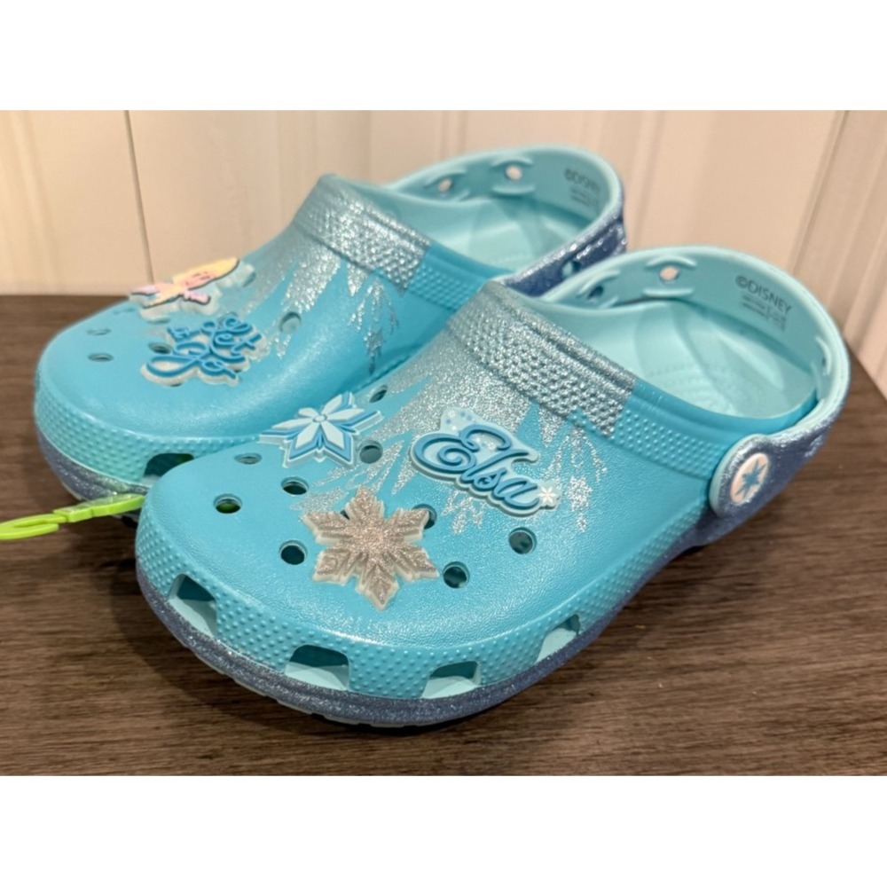 Crocs Disney Frozen Elsa Classic Clogs Kids J3 Blue Glitter NWT 102359-90H